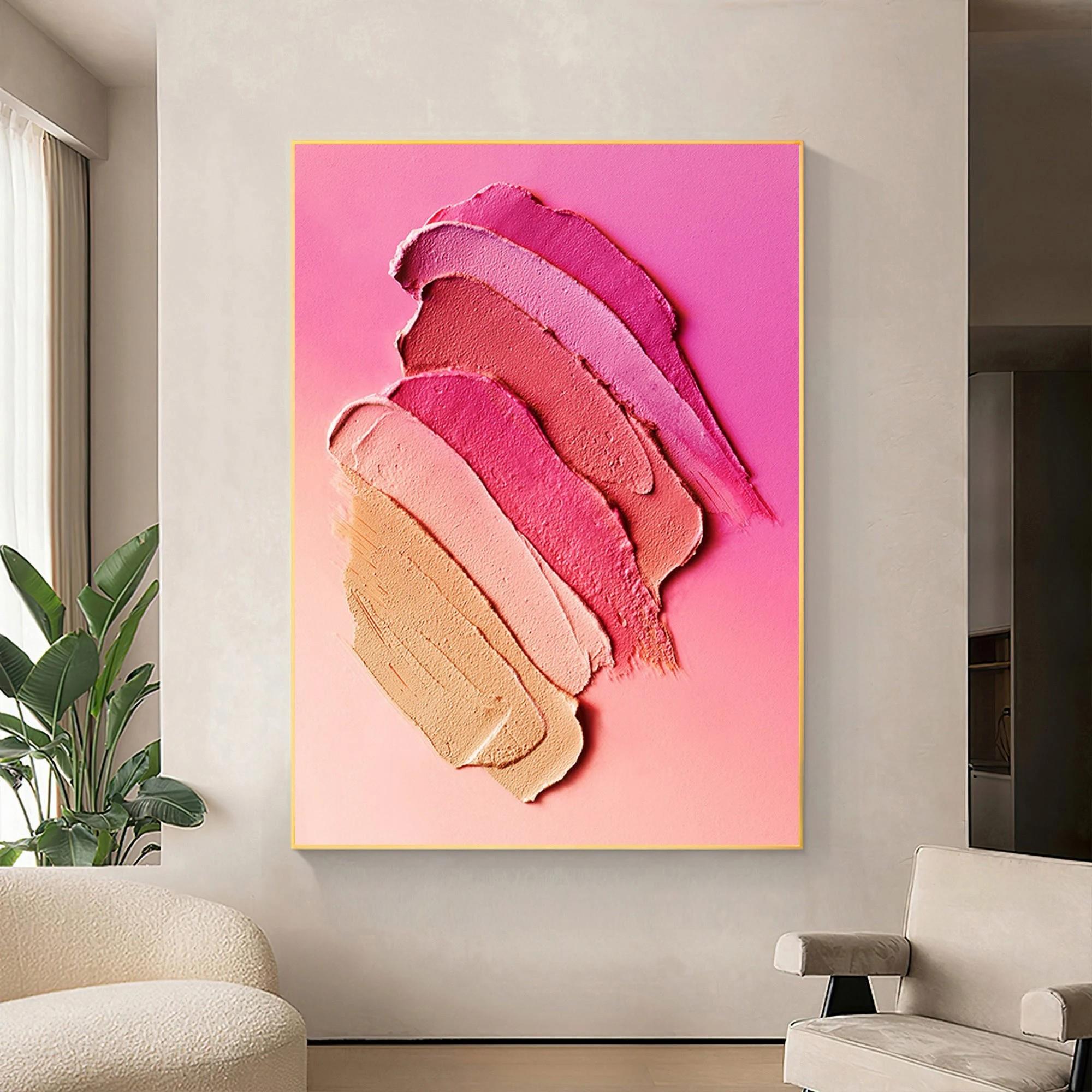 パレットナイフによる抽象的なストロークのピンクの女性の壁アートミニマリズム油絵